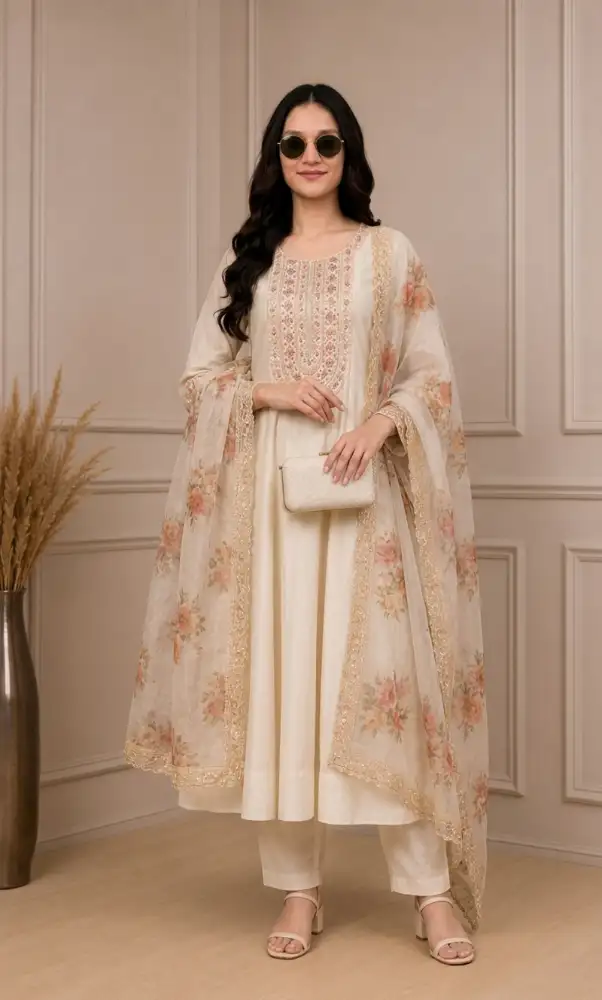Women's Embroidered Anarkali Kurta Suit Set with Organza Dupatta 